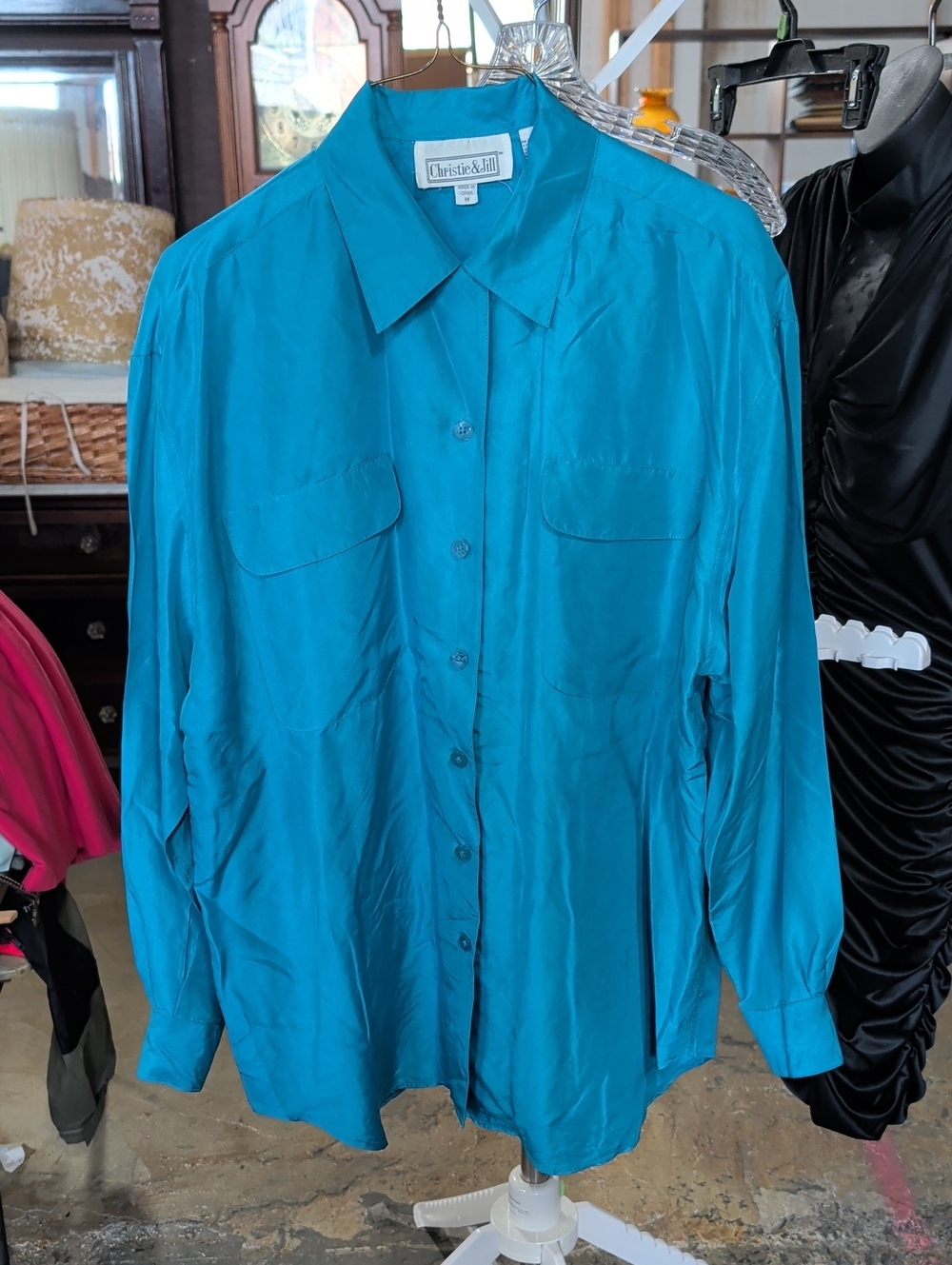 Vintage Turquoise Christie & Jill 100% Silk Button-Up Shirt